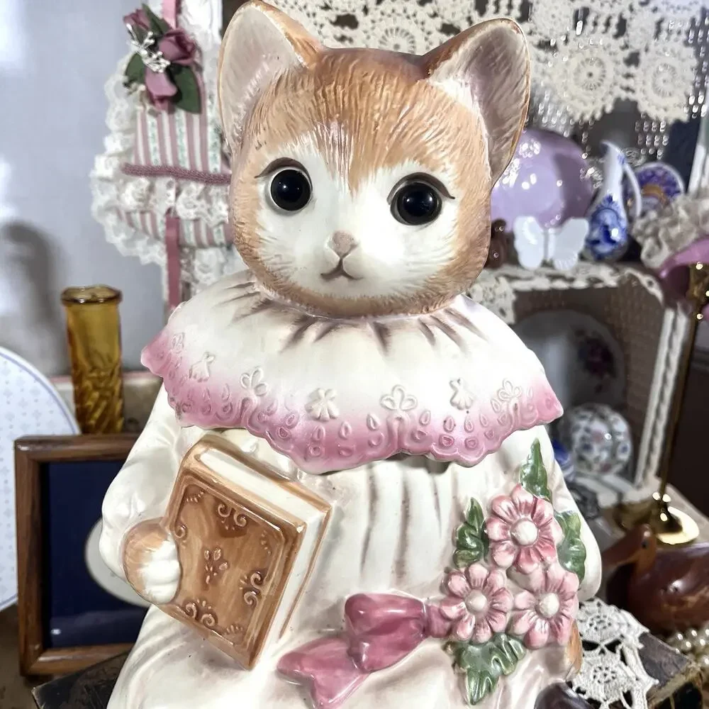 Vintage Japan Emily the Cat Cookie Jar Holding Book and Flowers Ceramic 1980s